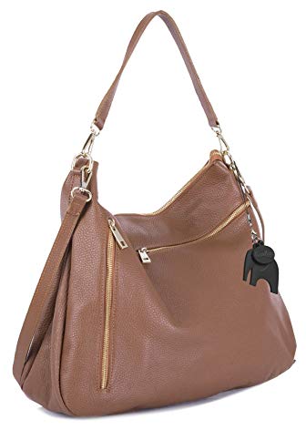 Big Handbag Shop Womens Real Leather Multi Zip Pocket Medium Hobo Shoulder bag