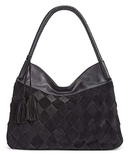 INC Womens Braided Leather Trim Hobo Handbag Black Large