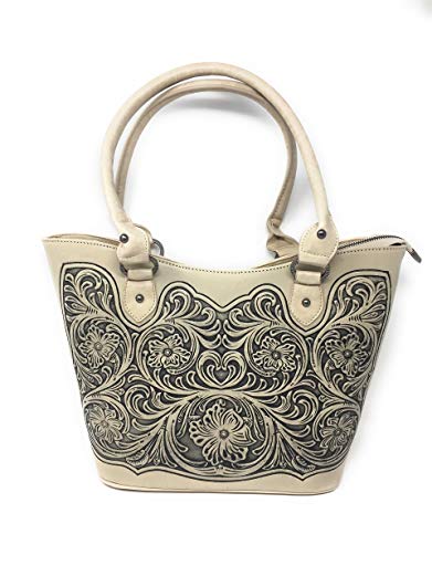 Concealed Carry Zip-Top Shoulder Tote w/ Floral Tooled Leather Handbag Purse For Carrying Your Weapon