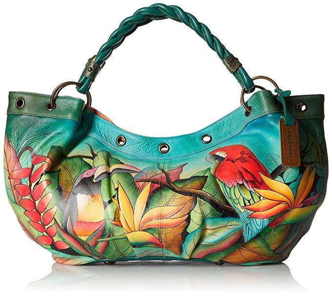 Anuschka Women's Genuine Leather Shoulder Bag | Hand Painted Original Artwork | Large Hobo Bag Braided Handle | Tropical Bliss